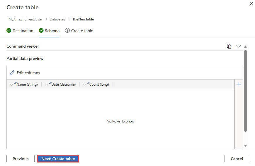 Screenshot of create empty table wizard with schema input in Azure Data Explorer.