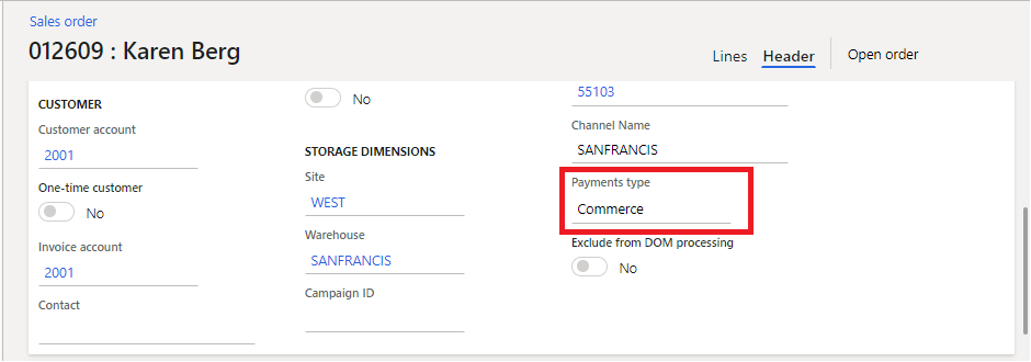 Screenshot of an order where the Payments type field is set to Commerce.