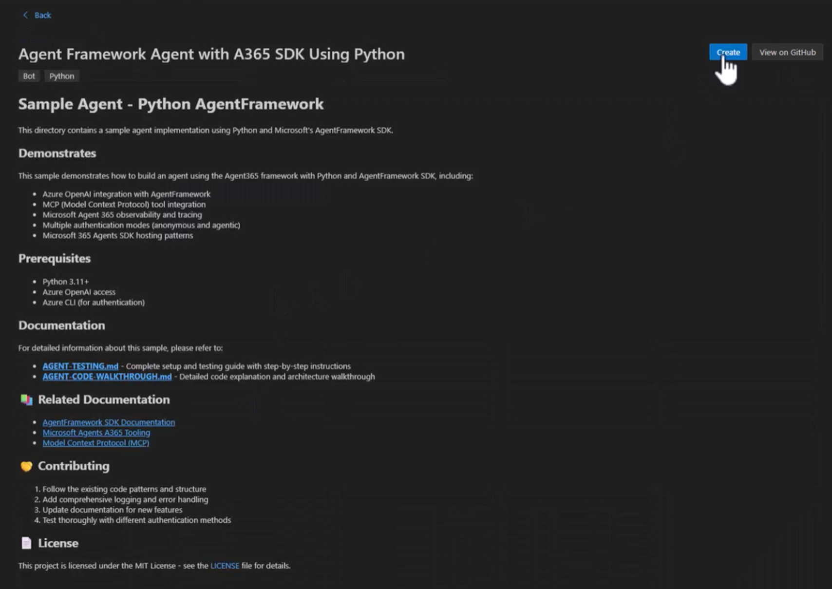 Skærmbillede af Agent Framework Agent med A365 SDK ved hjælp af Python-eksempel.