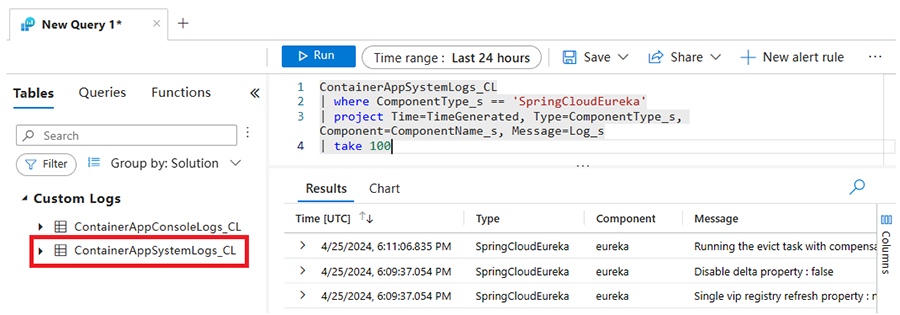 Screenshot der Java-Komponentenprotokolle in Log Analytics