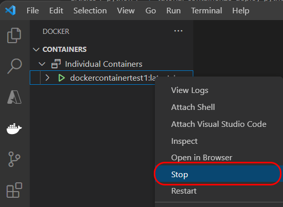 Screenshot, der zeigt, wie Sie einen ausgeführten Docker-Container in Visual Studio Code beenden.