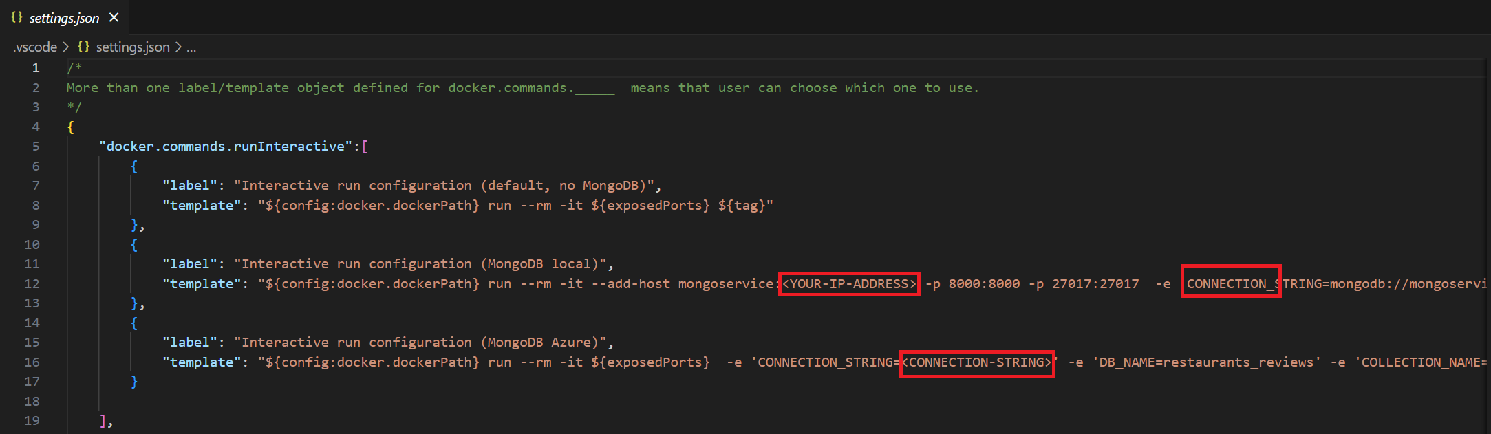 Screenshot der settings.json-Datei in Visual Studio Code.