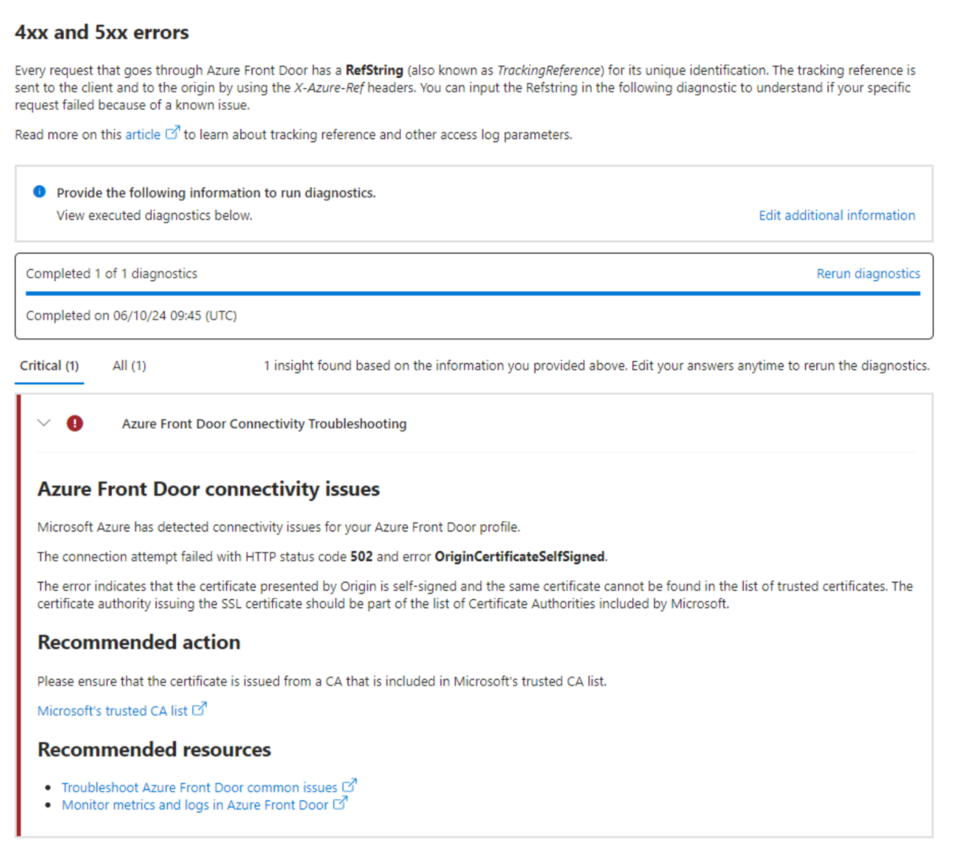 Screenshot zeigt ein Beispiel für die Diagnose bei der Arbeit mit einer Verweiszeichenfolge.