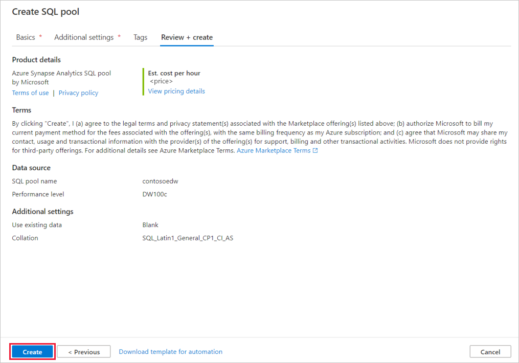 Ein Screenshot des SQL-Pool-Erstellungsprozesses – Registerkarte 