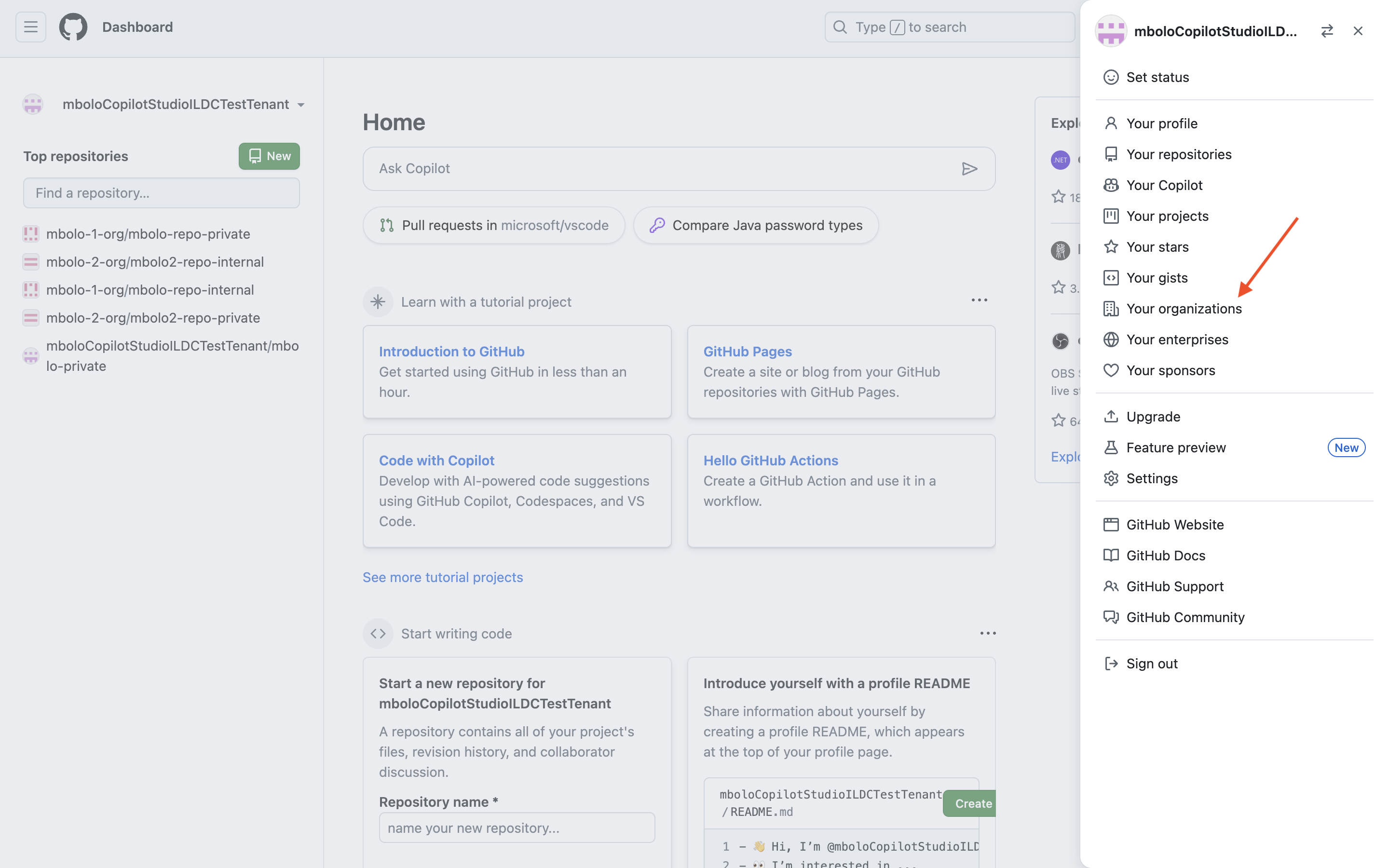 Screenshot des GitHub-Profilmenüs mit der Option 