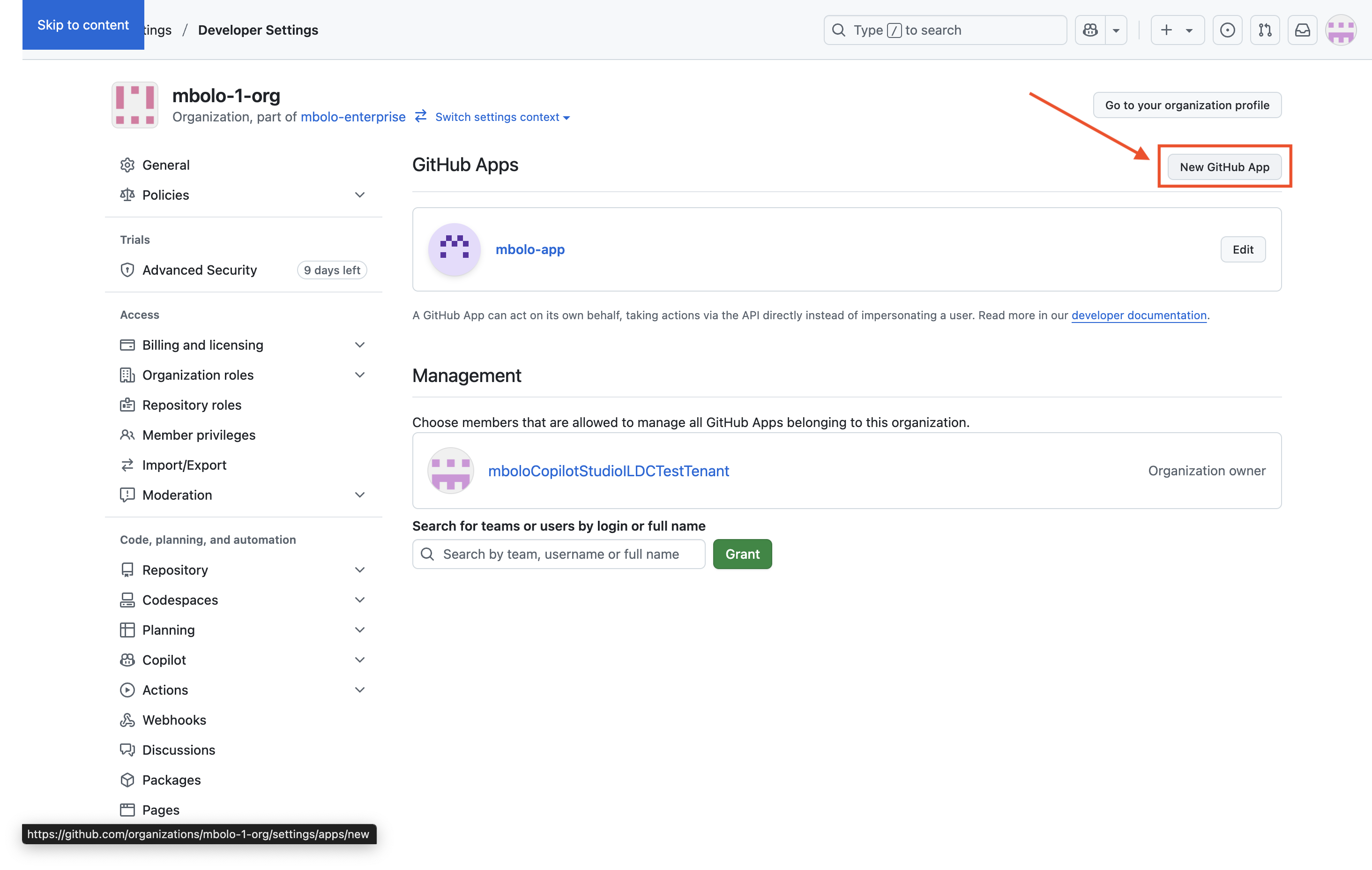 Screenshot der GitHub Apps-Seite mit der Schaltfläche 