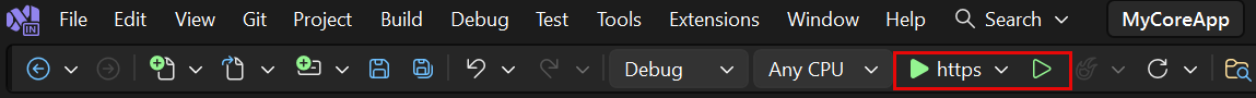 Screenshot zeigt die auf der Symbolleiste für Visual Studio hervorgehobene Schaltfläche 