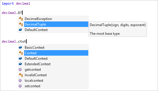 Screenshot, der die Mitgliedervollständigung mit der Filterung im Visual Studio-Editor darstellt.
