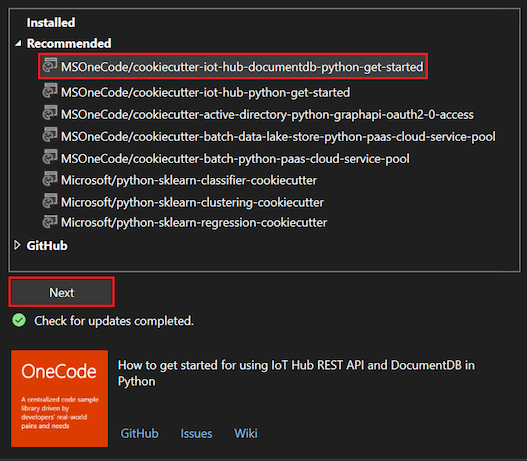 Screenshot, der zeigt, wie Eine Vorlage zum Klonen im Cookiecutter-Explorer in Visual Studio ausgewählt wird.