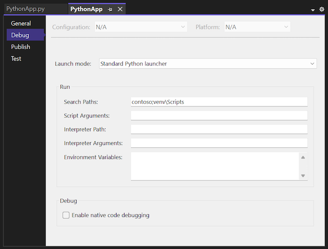 Screenshot, der die Debug-Eigenschaften des Python-Projekts im Visual Studio-Debugger zeigt.