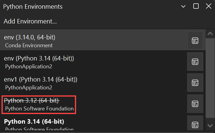 Screenshot einer ungültigen Umgebung im Python-Umgebungsfenster.