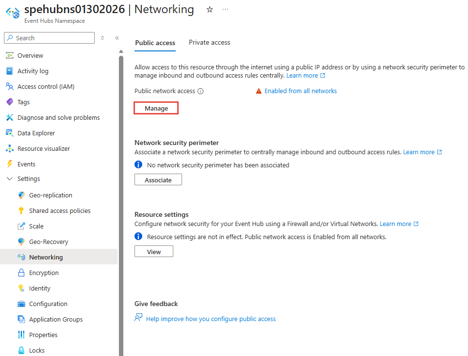 Screenshot showing the Public access page with Manage button highlighted.