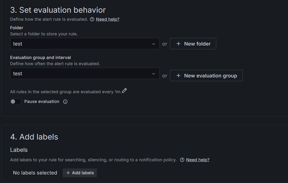 Screenshot of the recording rule configuration form with evaluation settings.