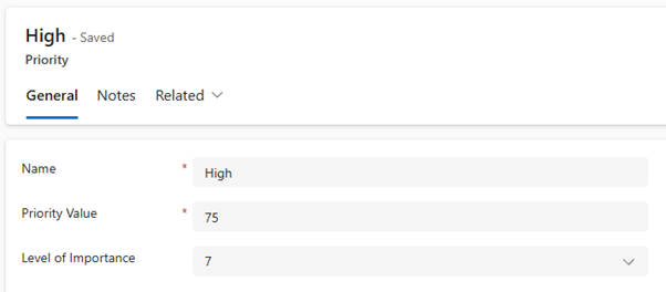 Screenshot of a priority record with a configured priority value in Dynamics 365 Field Service priorities settings.