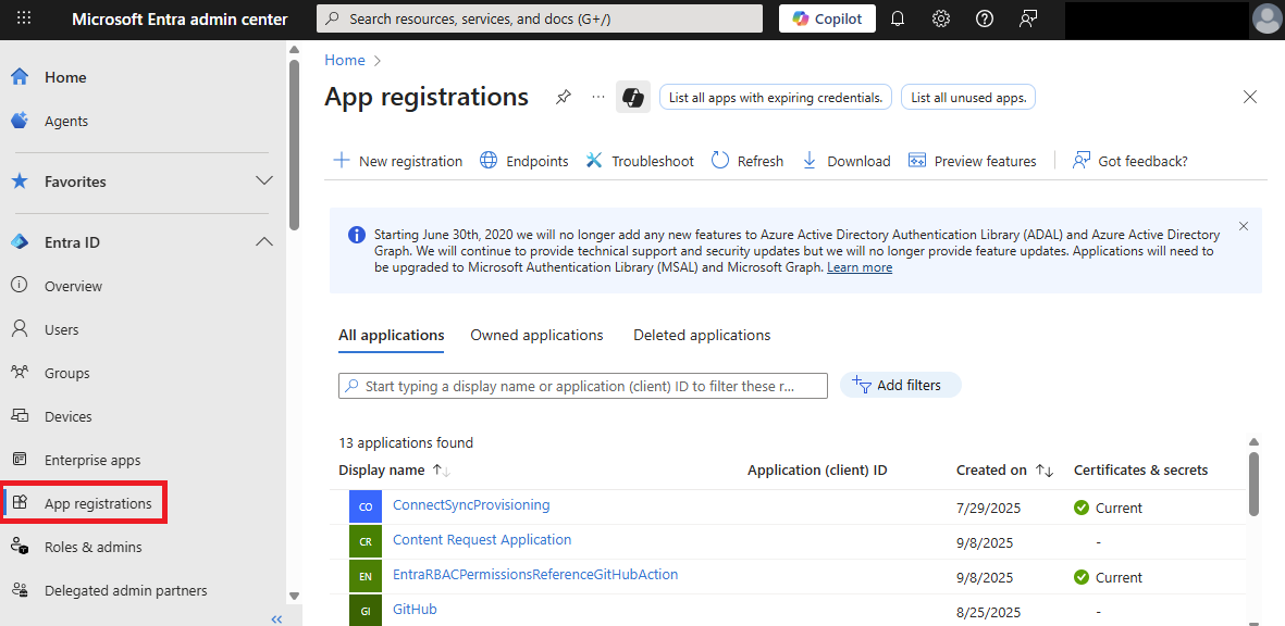 App registrations blade