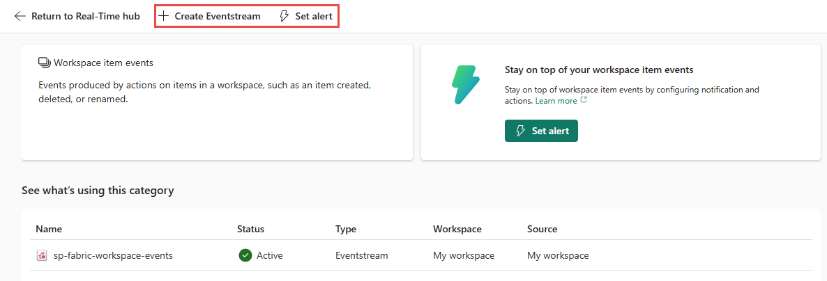 Screenshot that shows actions on the Fabric workspace item events detail page.