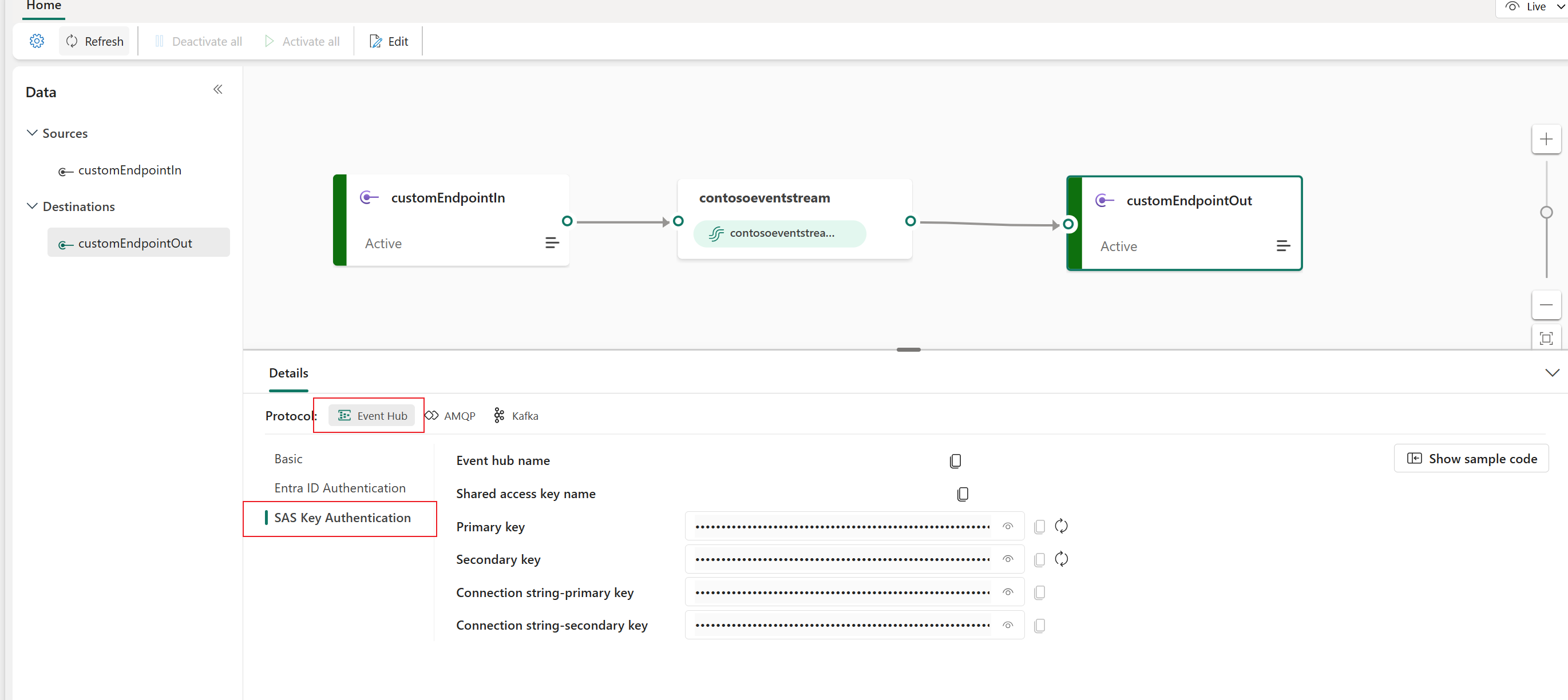 Screenshot that shows event hub keys on the Details pane of the eventstream live view.