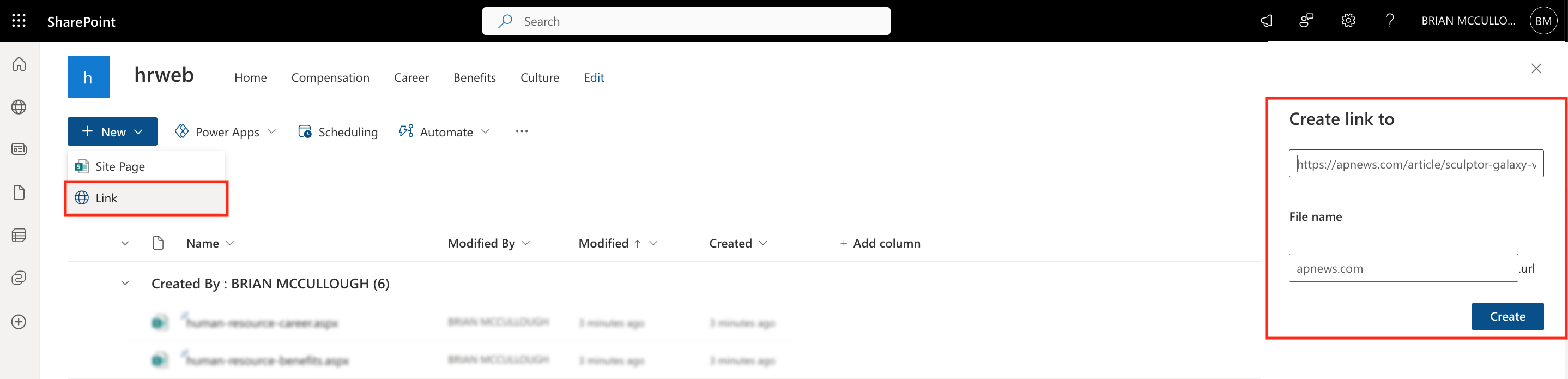 Creating a web link from Site Pages library