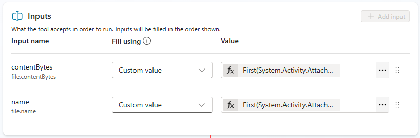Screenshot of the Inputs dialog, illustrating the Input name when configured with contentBytes and name fields.