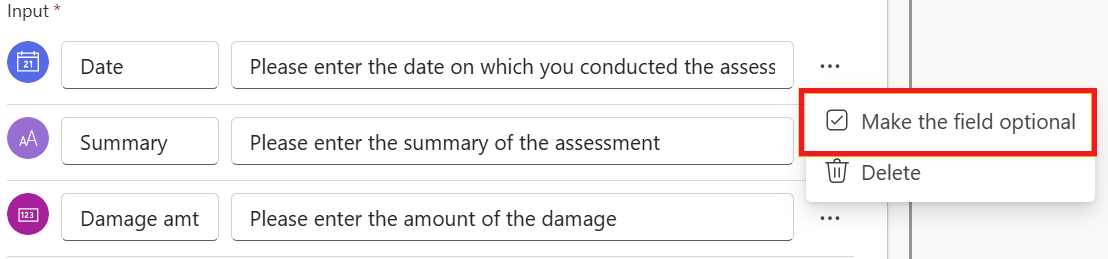 Screenshot of making an input optional in Copilot Studio.