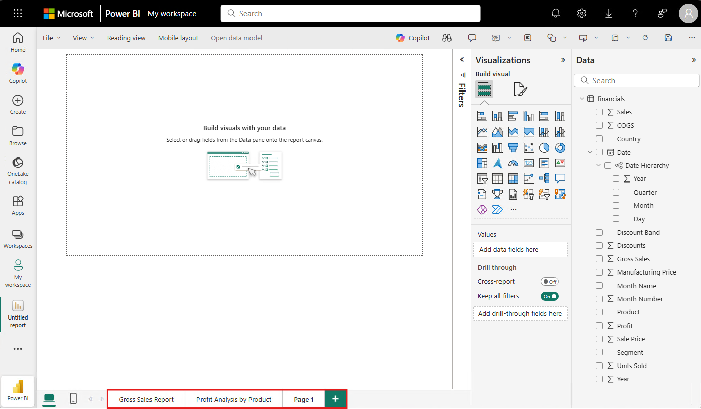 Screenshot that shows a blank report canvas in My workspace with the Visualizations and Data panes open.
