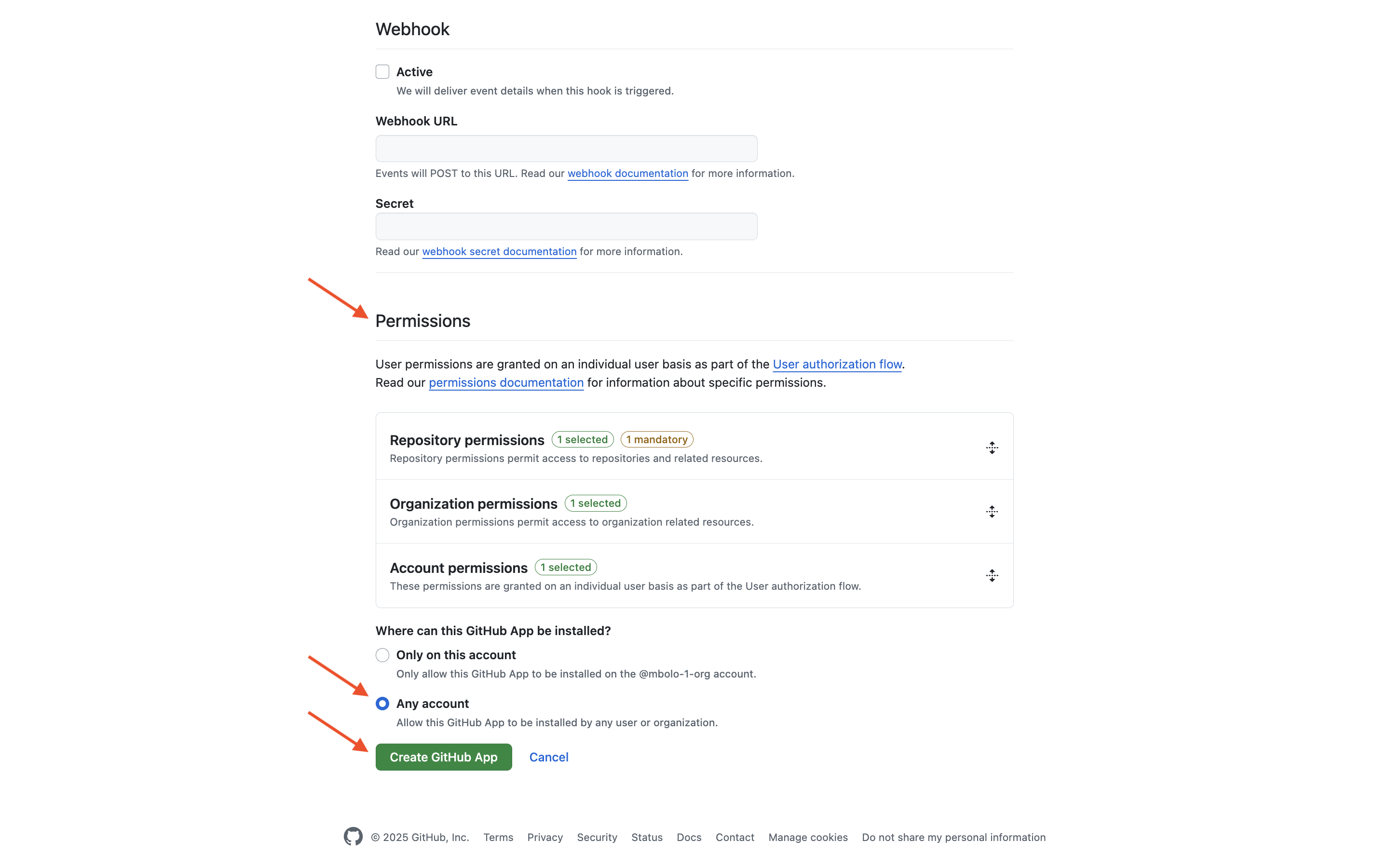 Screenshot della sezione autorizzazioni e impostazioni di installazione dell'app GitHub.