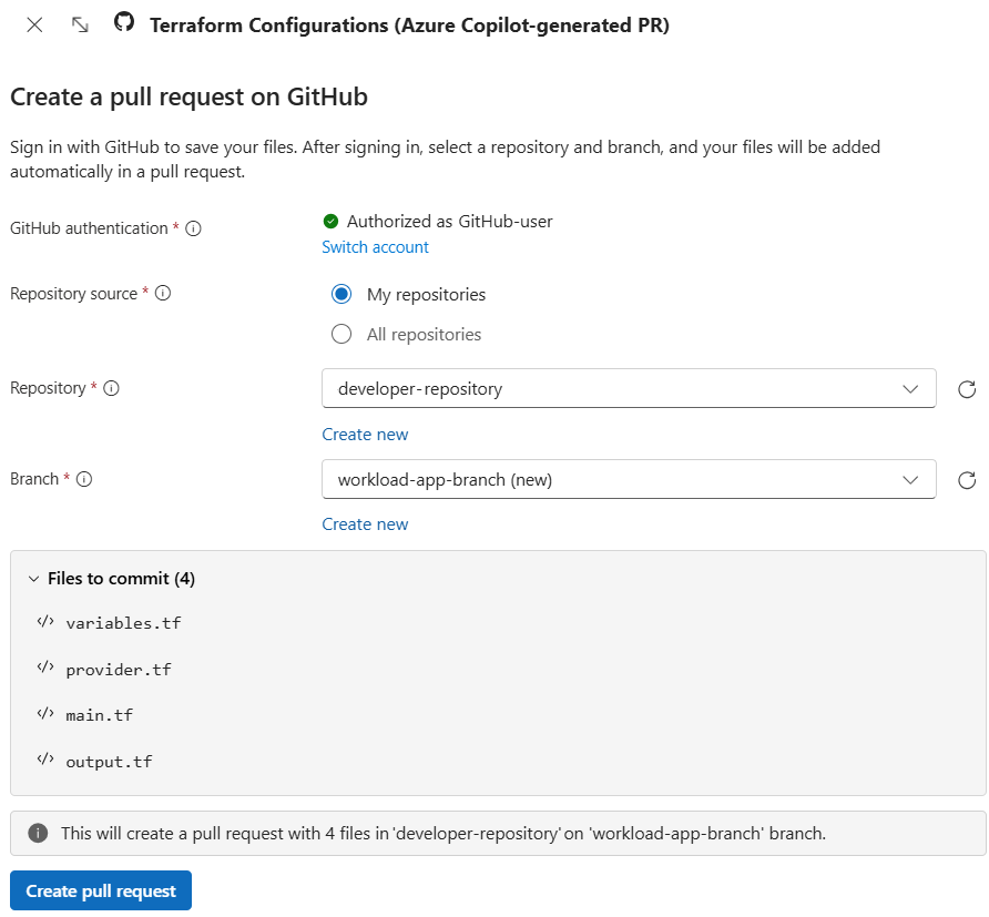 Screenshot di Azure Copilot che crea una richiesta pull in GitHub per aggiungere file generati.