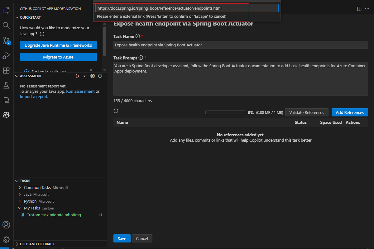 Screenshot di Visual Studio Code che mostra il file task.md con il campo collegamento esterno evidenziato.