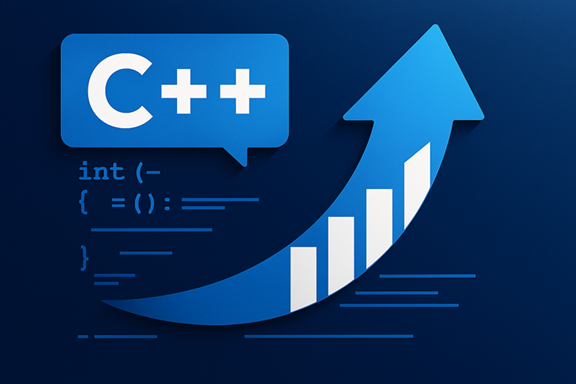 Logo C++ con una freccia verso l'alto e codice astratto su uno sfondo blu che suggerisce miglioramenti dall'aggiornamento.