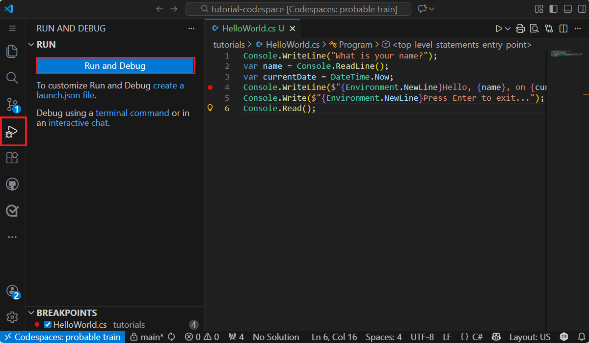 Aprire la scheda Debug in Visual Studio Code