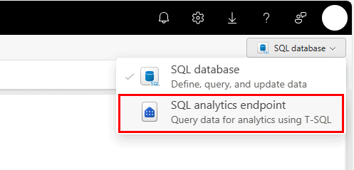 Screenshot del portale Fabric del selettore di elenco a discesa del database SQL o dell'endpoint di analisi SQL.