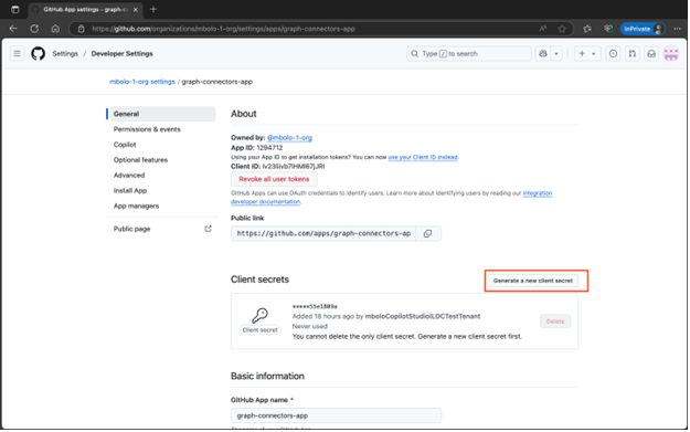 Screenshot di GitHub con l'opzione Genera un nuovo segreto client evidenziata.
