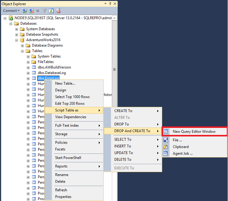 Screenshot della tabella script.