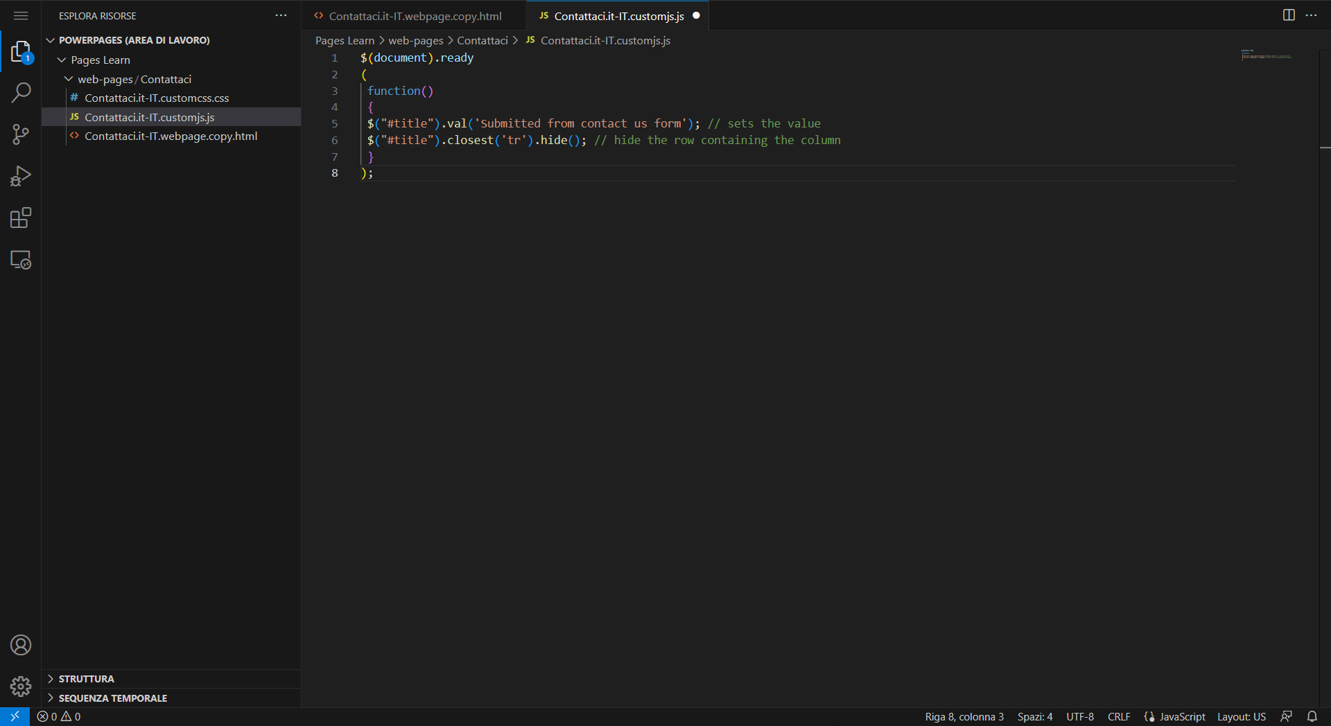 Screenshot dello script aggiunto al codice sorgente della pagina.