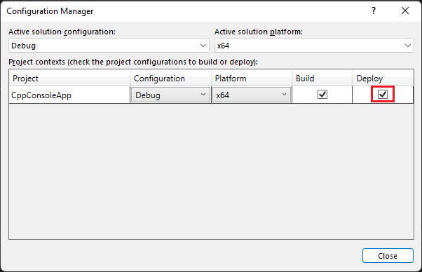 La screenshot del Configuration Manager in Esplora Soluzioni di Visual Studio. La configurazione di debug è selezionata e viene selezionata l'opzione Distribuisci.