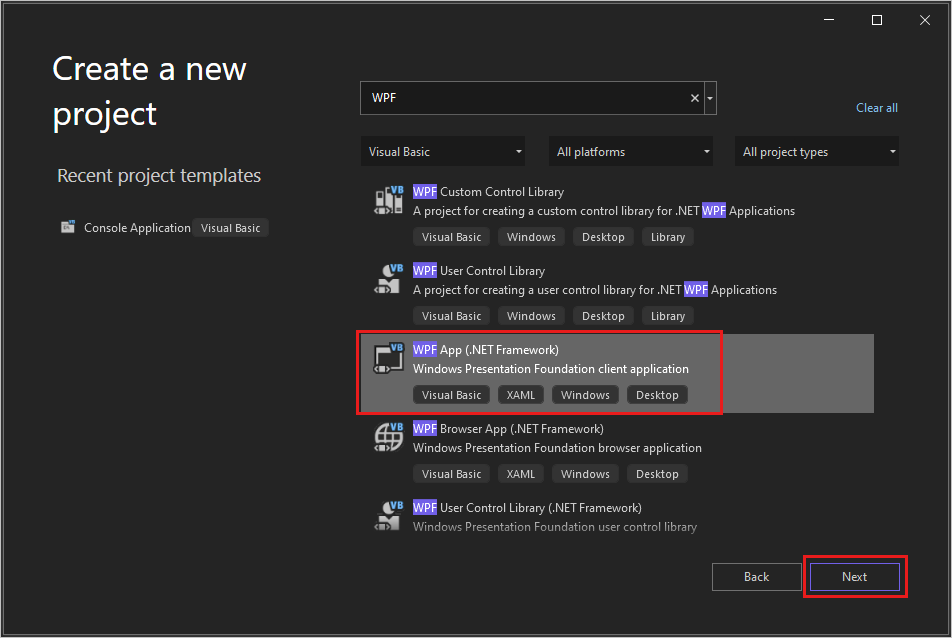 Screenshot della finestra di dialogo 'Crea un nuovo progetto' con 'WPF' immesso nella casella di ricerca, 'Visual Basic' selezionato nell'elenco delle lingue e il modello di progetto 'App WPF (.NET Framework)' evidenziato.