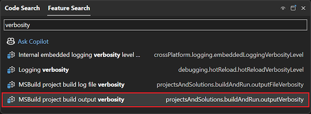 Screenshot che mostra come usare la casella di ricerca in Visual Studio.