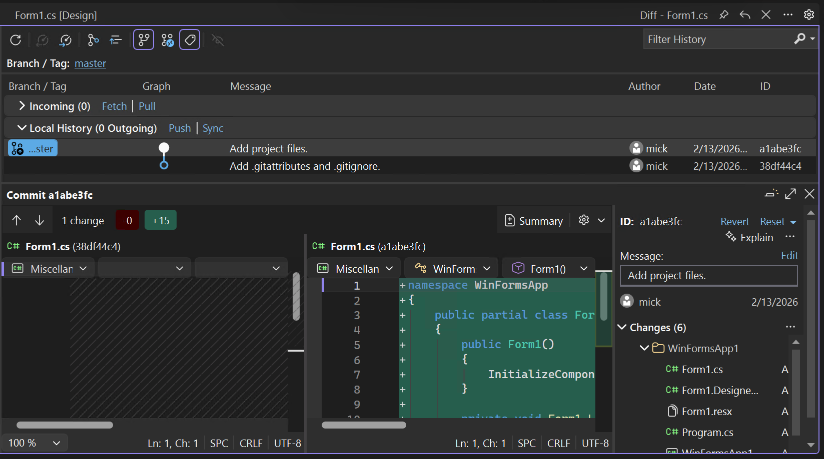 Screenshot che mostra la finestra di dialogo Dettagli del commit in Visual Studio.