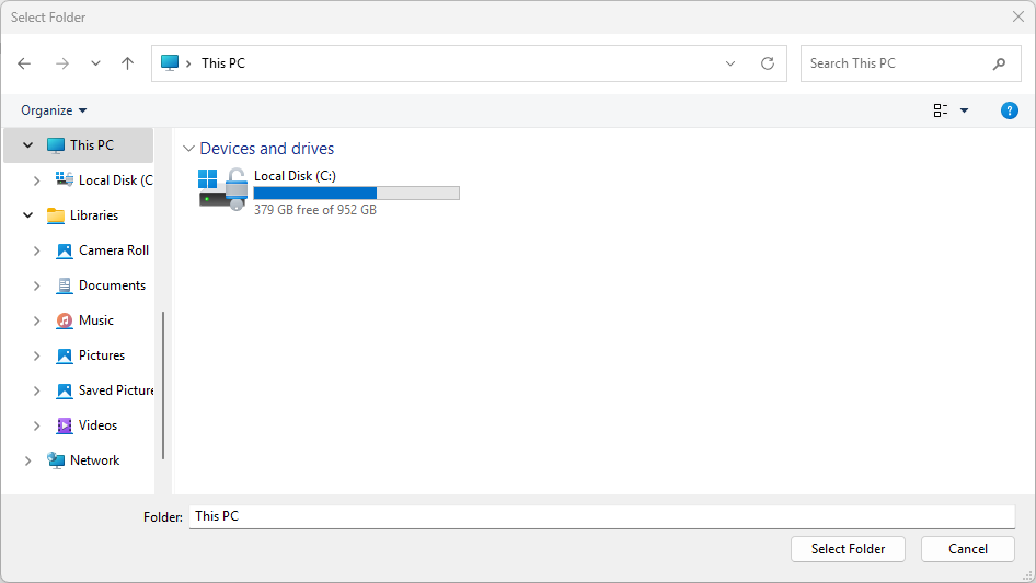 Screenshot di un selettore di cartelle che visualizza l'unità C.
