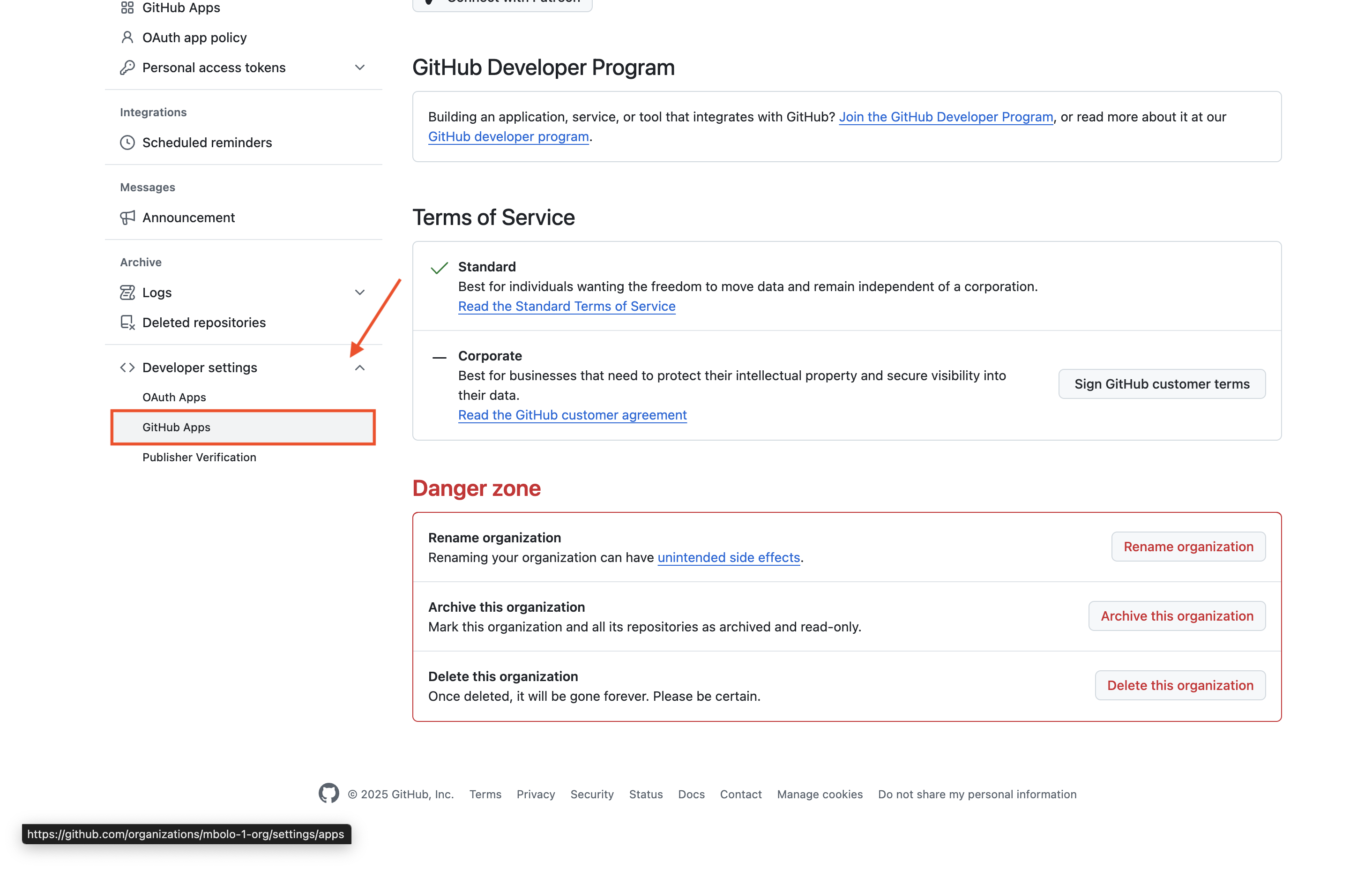 [開発者設定] と [GitHub Apps] オプションを示す GitHub organization設定サイドバーのスクリーンショット。