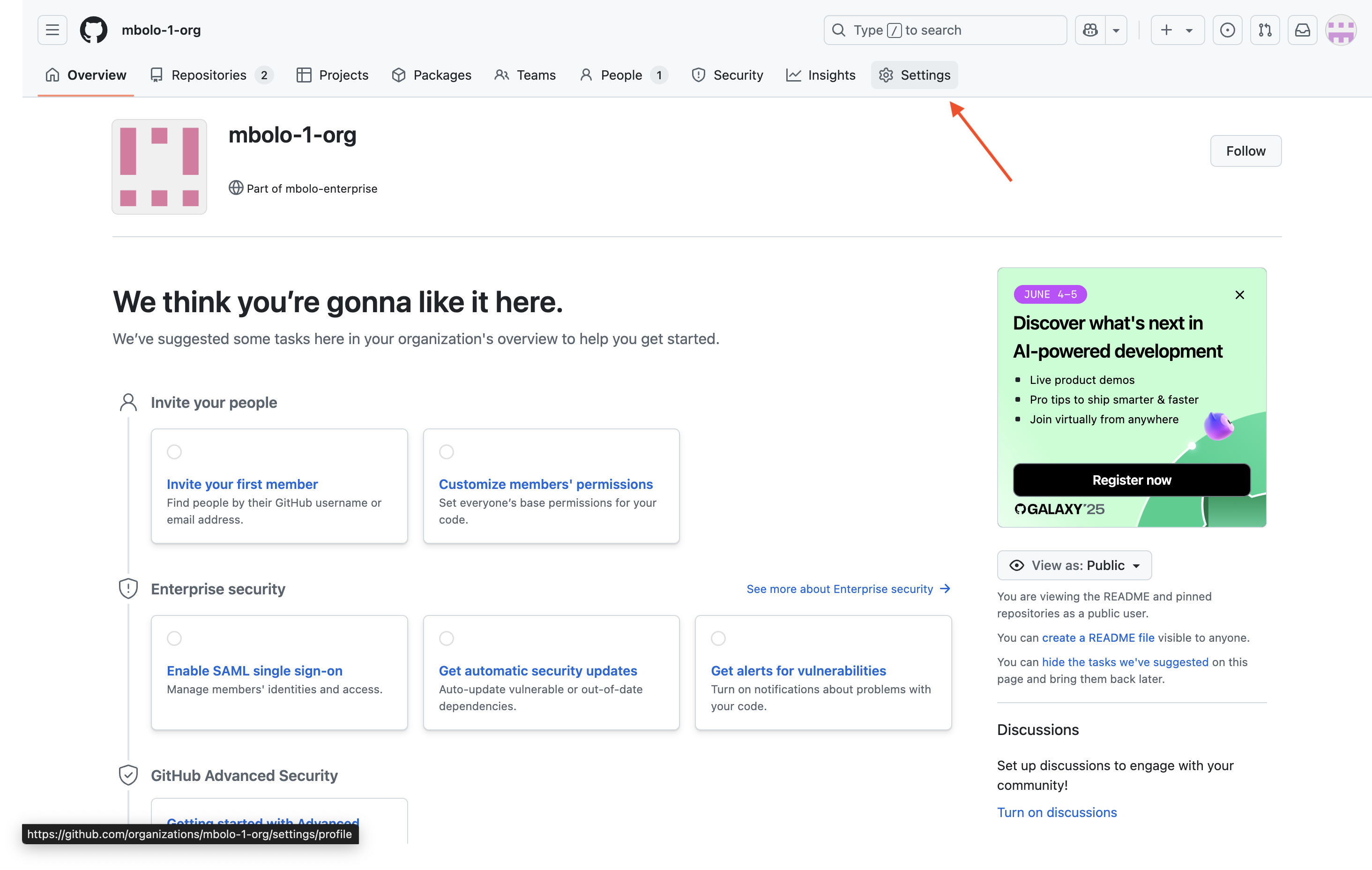 [設定] ボタンが強調表示されている GitHub organization概要ページのスクリーンショット。