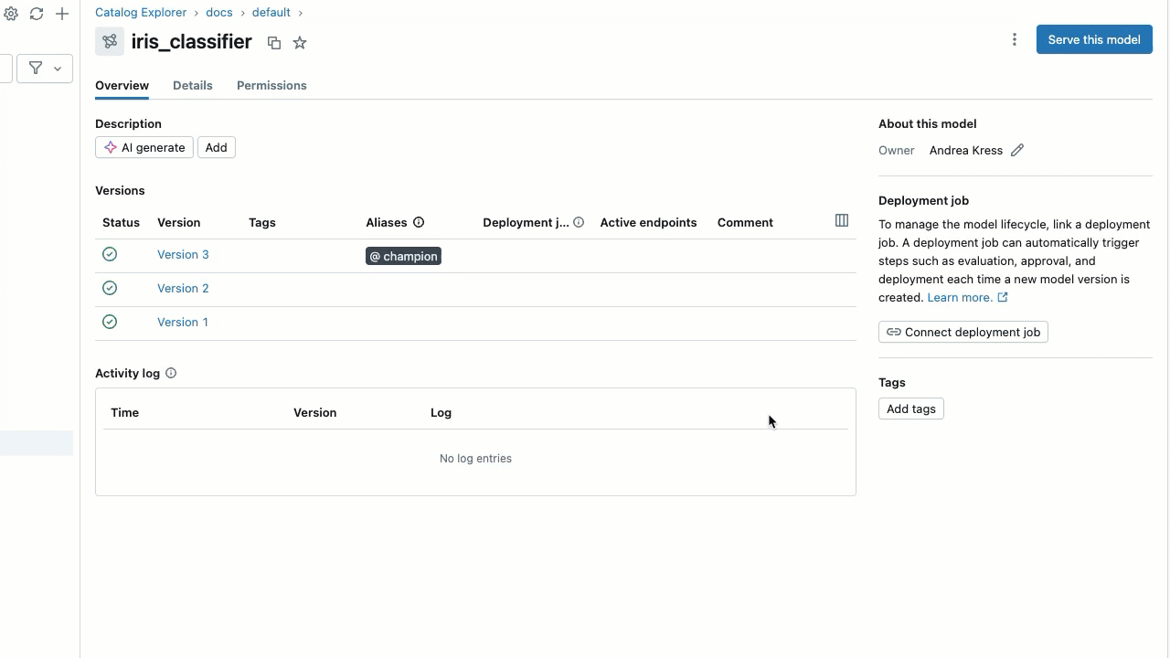 モデルの詳細ページでモデル バージョンからエイリアスを削除する方法。