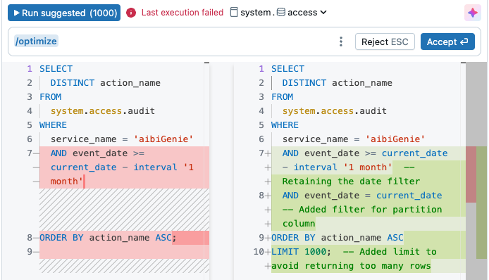 Databricks Assistant で /optimize コマンドを使用して生成された最適化されたクエリ