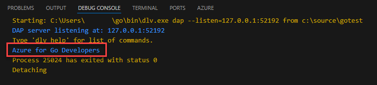 デバッグ コンソールに出力されたサンプル Go プログラムの結果を示すスクリーンショット。