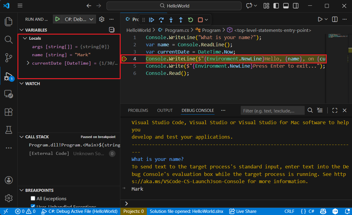 ブレークポイントがヒットし、ローカルを表示中