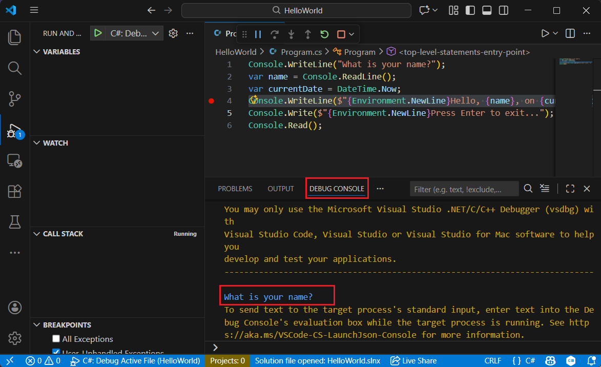 [デバッグ コンソール] タブを選択する