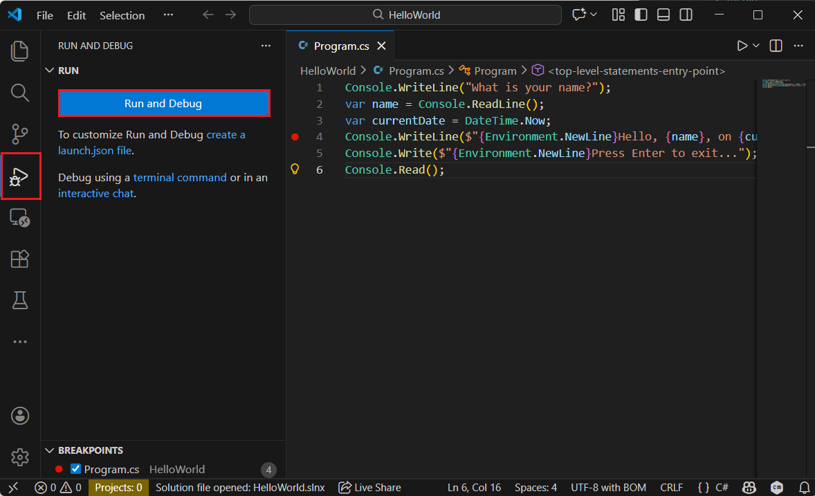 Visual Studio Code で [デバッグ] タブを開く