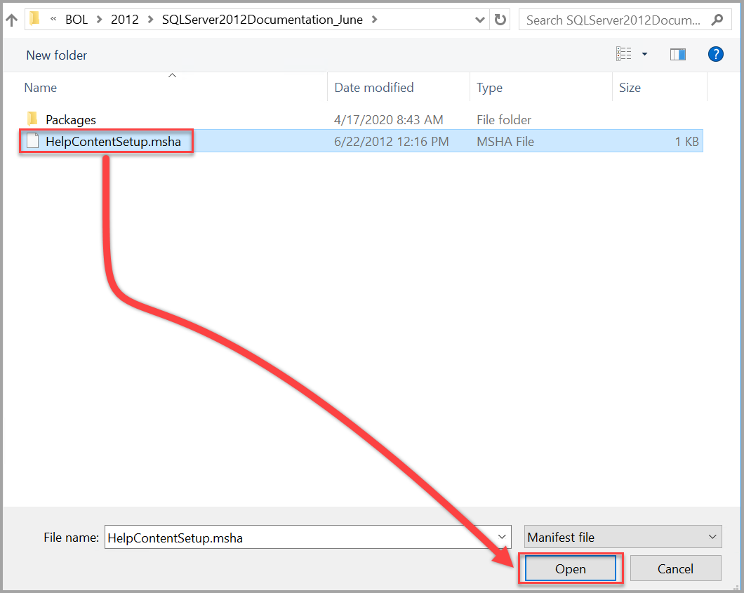 SQL Server 2012 Help Content Setup.msha ファイルを開く