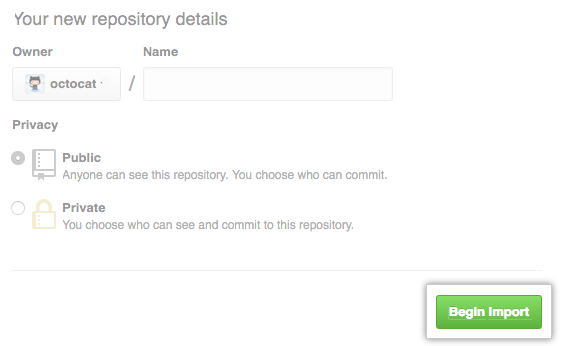 新しいリポジトリのインポートの [インポートの開始] ボタンのスクリーンショット。