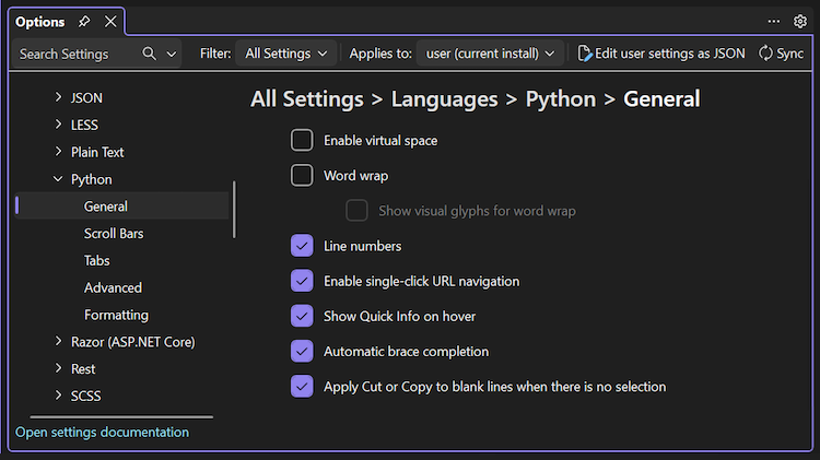 Python の言語オプションのカテゴリと、Visual Studio 2026 の特定の一般的なオプションを示すスクリーンショット。